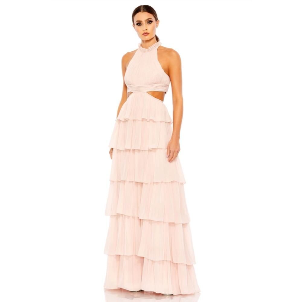 Ieena for Mac Duggal Pink Tiered High Neck Gown W/ Cut Outs - Size 0 - NWT